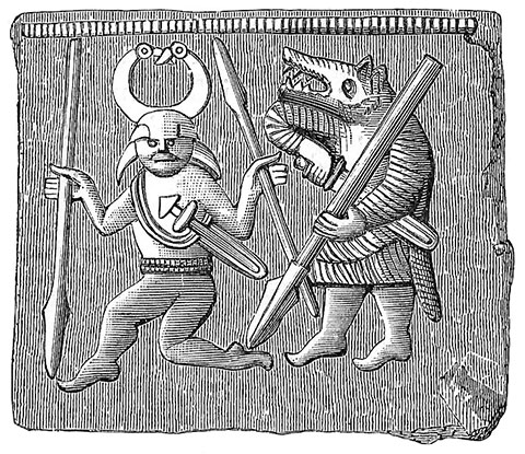 Woodcut of the image on the Vendel era helmet plate found on Öland, Sweden, depicting Odin followed by a berserker.