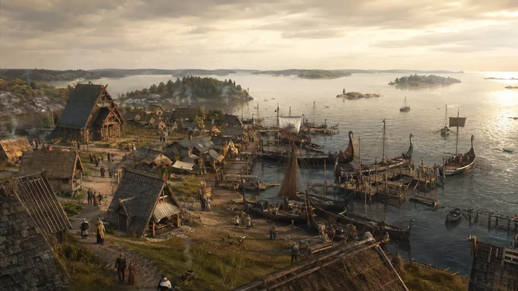 Artistic reconstruction of Viking-age Birka on Lake Mälaren, showing a busy harbor settlement with wooden houses, piers, ships, workshops, and surrounding islands at sunset.