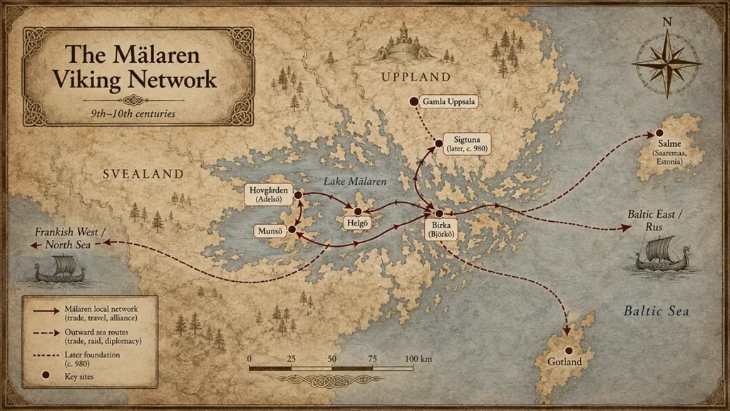 Illustrated parchment-style map of the Mälaren Viking network, showing Birka, Hovgården, Helgö, Munsö, Gamla Uppsala, Sigtuna, Gotland, and routes toward Salme, the Baltic East, and the Frankish West.