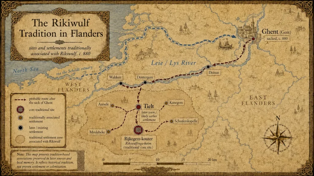 Antique-style parchment map of Flanders showing the Rikiwulf tradition, with Ghent, the Scheldt estuary, the Leie/Lys River, Tielt, Rijkegem-kouter, and nearby settlements linked by probable routes and a traditional settlement zone.