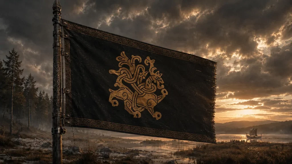 Dark Norse-style banner bearing a stylized wolf emblem in interlaced knotwork, raised on a carved pole beside a misty lakeshore at sunset, with a longship in the distance.