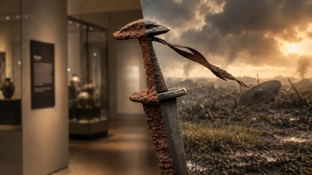 Split image of the Salme sword, showing the corroded archaeological artifact in a museum setting on the left and a restored Viking-era vision on a battlefield on the right.